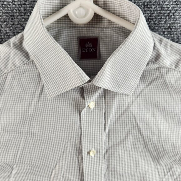 Eton Size 15 Button Up Shirt Long Sleeve Cotton Designer French Cuff Gray Check - Picture 2 of 16